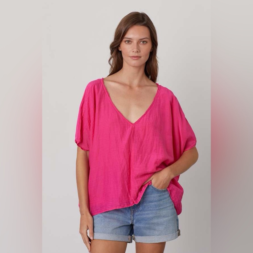 Velvet by Graham & Spencer Alinn Double V-Neck Voile Top in Lollipop